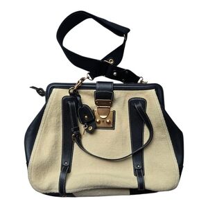 Miu Miu Vintage Linen  and Black Leather Satchel With Rose Gold Hardware Good